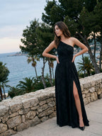 Black Jacquard A-Line One Shoulder Back Zip Floor-Length Formal Dress with Pleating - Curvevia