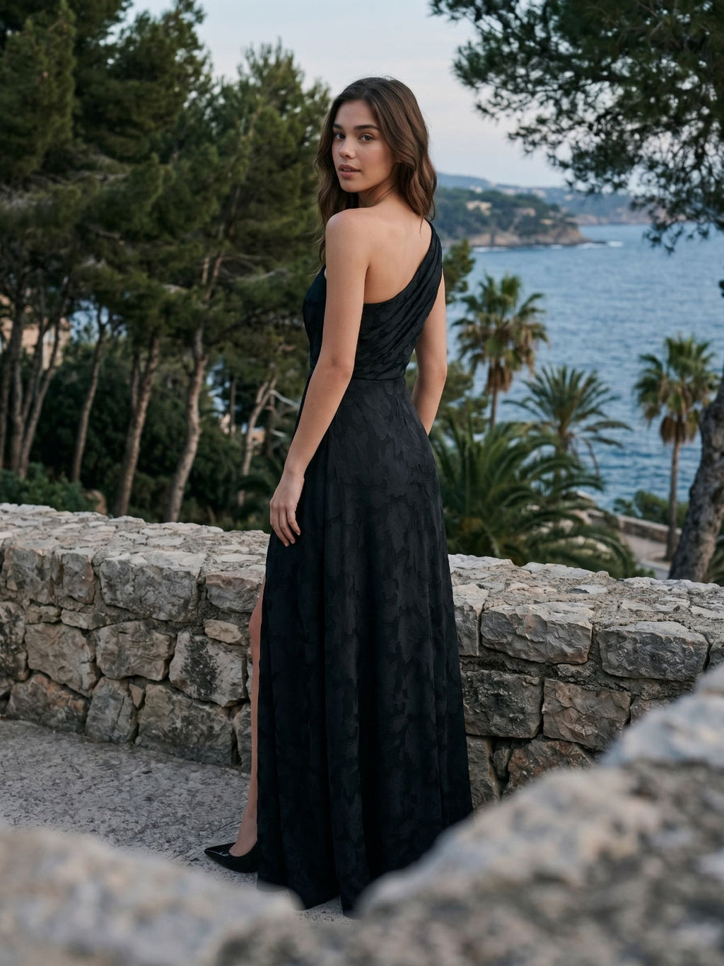 Black Jacquard A-Line One Shoulder Back Zip Floor-Length Formal Dress with Pleating - Curvevia