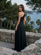 Black Jacquard A-Line One Shoulder Back Zip Floor-Length Formal Dress with Pleating - Curvevia
