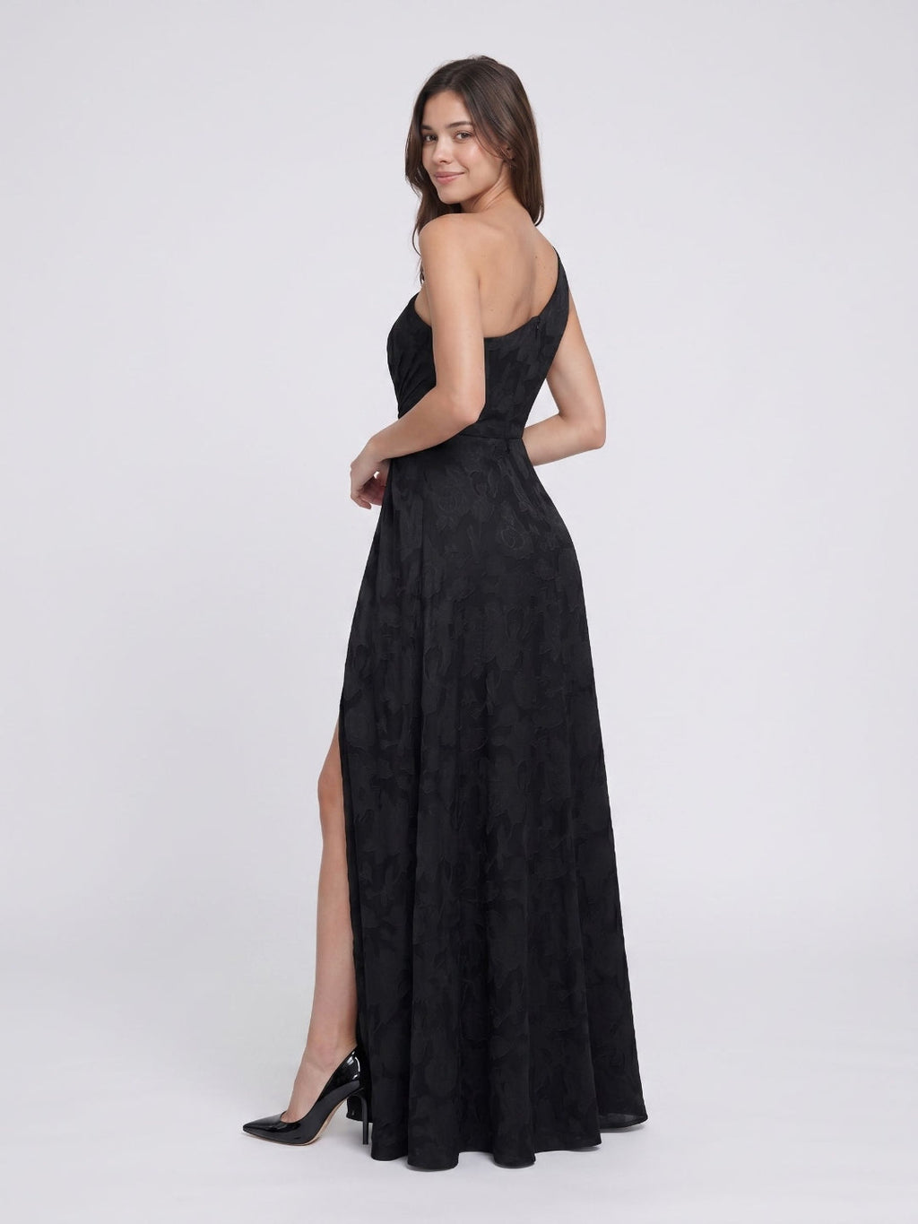 Black Jacquard A-Line One Shoulder Back Zip Floor-Length Formal Dress with Pleating - Curvevia