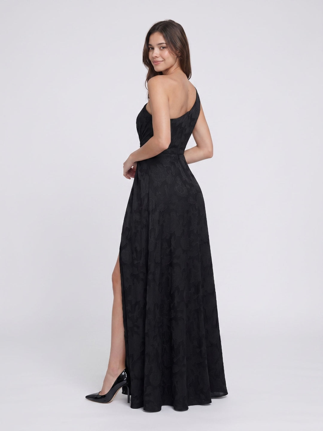 Black Jacquard A-Line One Shoulder Back Zip Floor-Length Formal Dress with Pleating - Curvevia