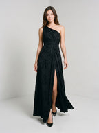 Black Jacquard A-Line One Shoulder Back Zip Floor-Length Formal Dress with Pleating - Curvevia