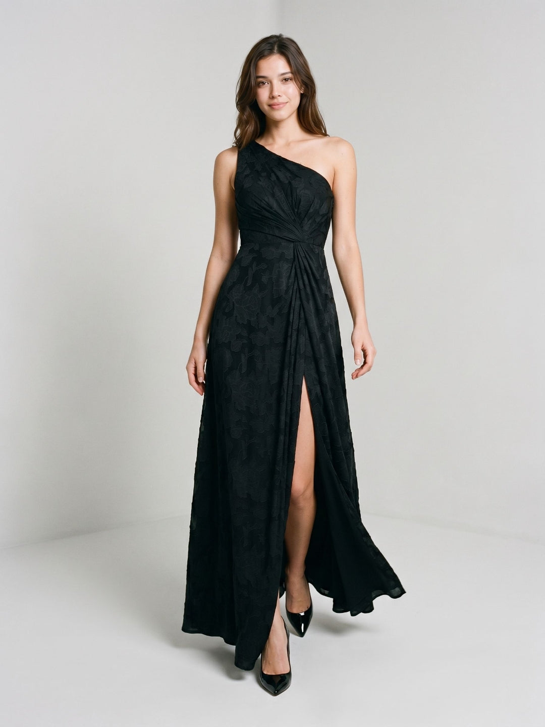 Black Jacquard A-Line One Shoulder Back Zip Floor-Length Formal Dress with Pleating - Curvevia