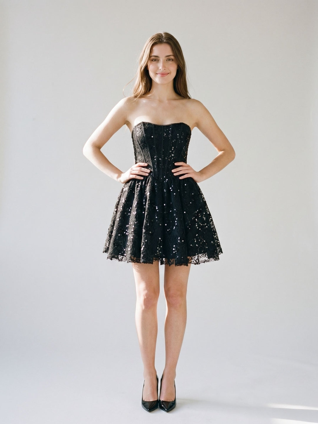 Black Lace A-Line Straight Neck Back Zip Short Dress with Sequins - Curvevia