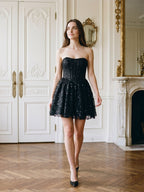 Black Lace A-Line Straight Neck Back Zip Short Dress with Sequins - Curvevia
