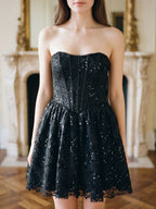 Black Lace A-Line Straight Neck Back Zip Short Dress with Sequins - Curvevia