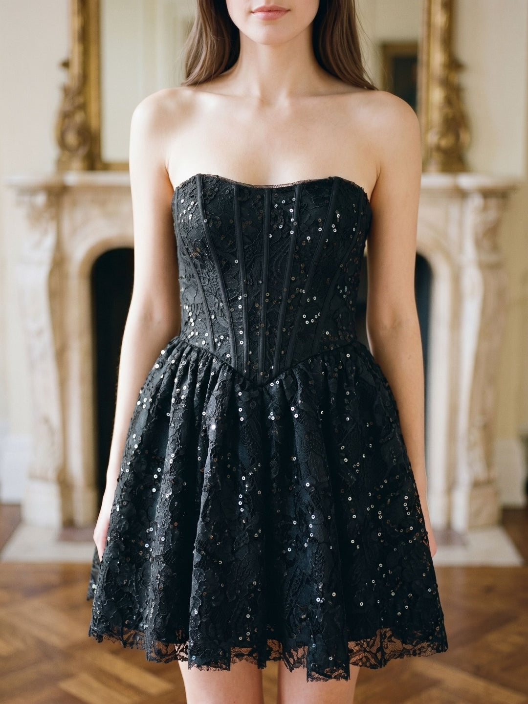Black Lace A-Line Straight Neck Back Zip Short Dress with Sequins - Curvevia