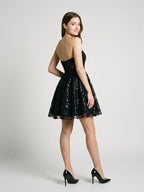 Black Lace A-Line Straight Neck Back Zip Short Dress with Sequins - Curvevia