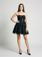 Black Lace A-Line Straight Neck Back Zip Short Dress with Sequins - Curvevia