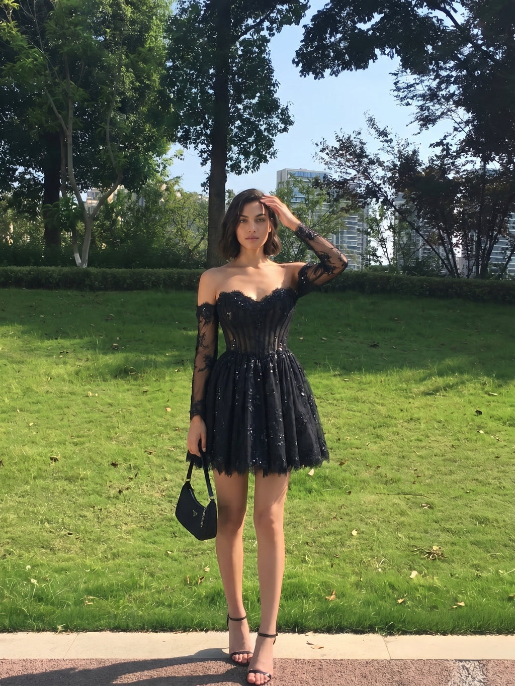 Black Lace A-Line Sweetheart Short Homecoming Dress with Sequins - Curvevia