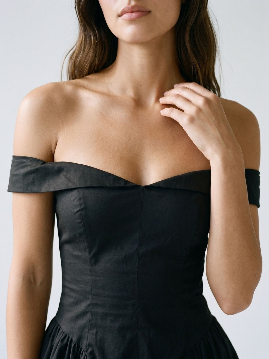 Black Matte Satin A-Line Off-Shoulder Back Zip Short Dress with Pleating - Curvevia