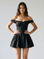 Black Matte Satin A-Line Off-Shoulder Back Zip Short Dress with Pleating - Curvevia