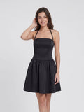 Black Matte Satin A-Line Straight Neck Side Zip Short Dress - Curvevia