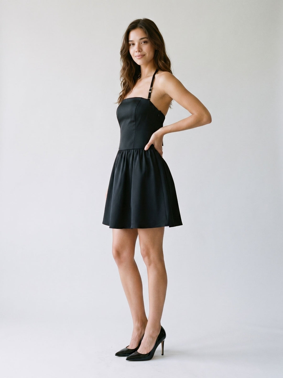 Black Matte Satin A-Line Straight Neck Side Zip Short Dress - Curvevia