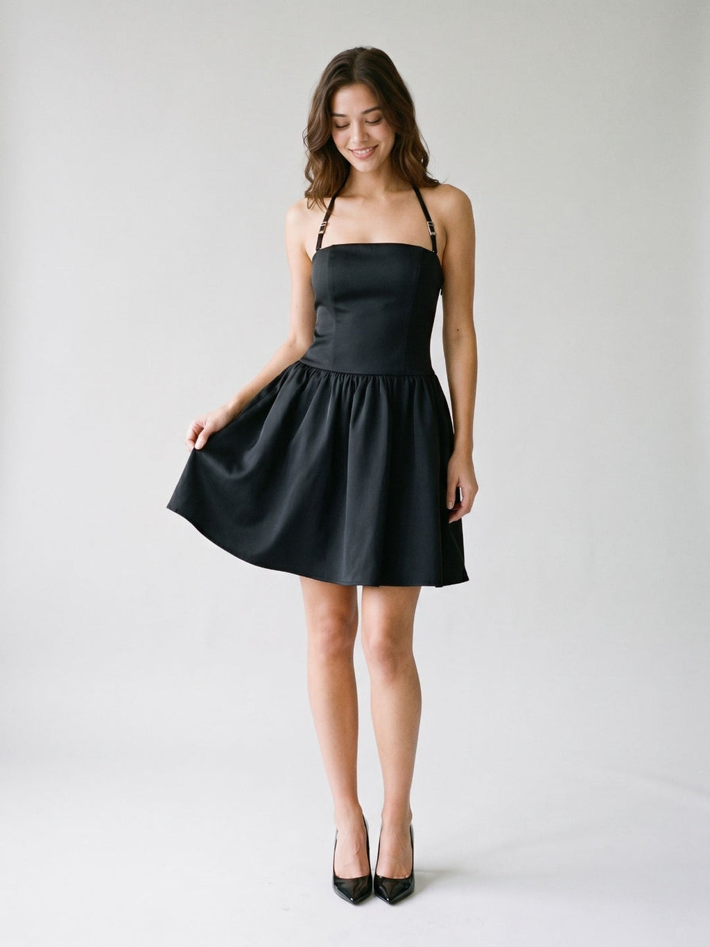 Black Matte Satin A-Line Straight Neck Side Zip Short Dress - Curvevia