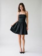 Black Matte Satin A-Line Straight Neck Side Zip Short Dress - Curvevia