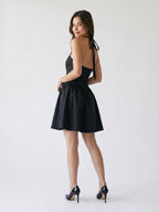 Black Matte Satin A-Line Straight Neck Side Zip Short Dress - Curvevia