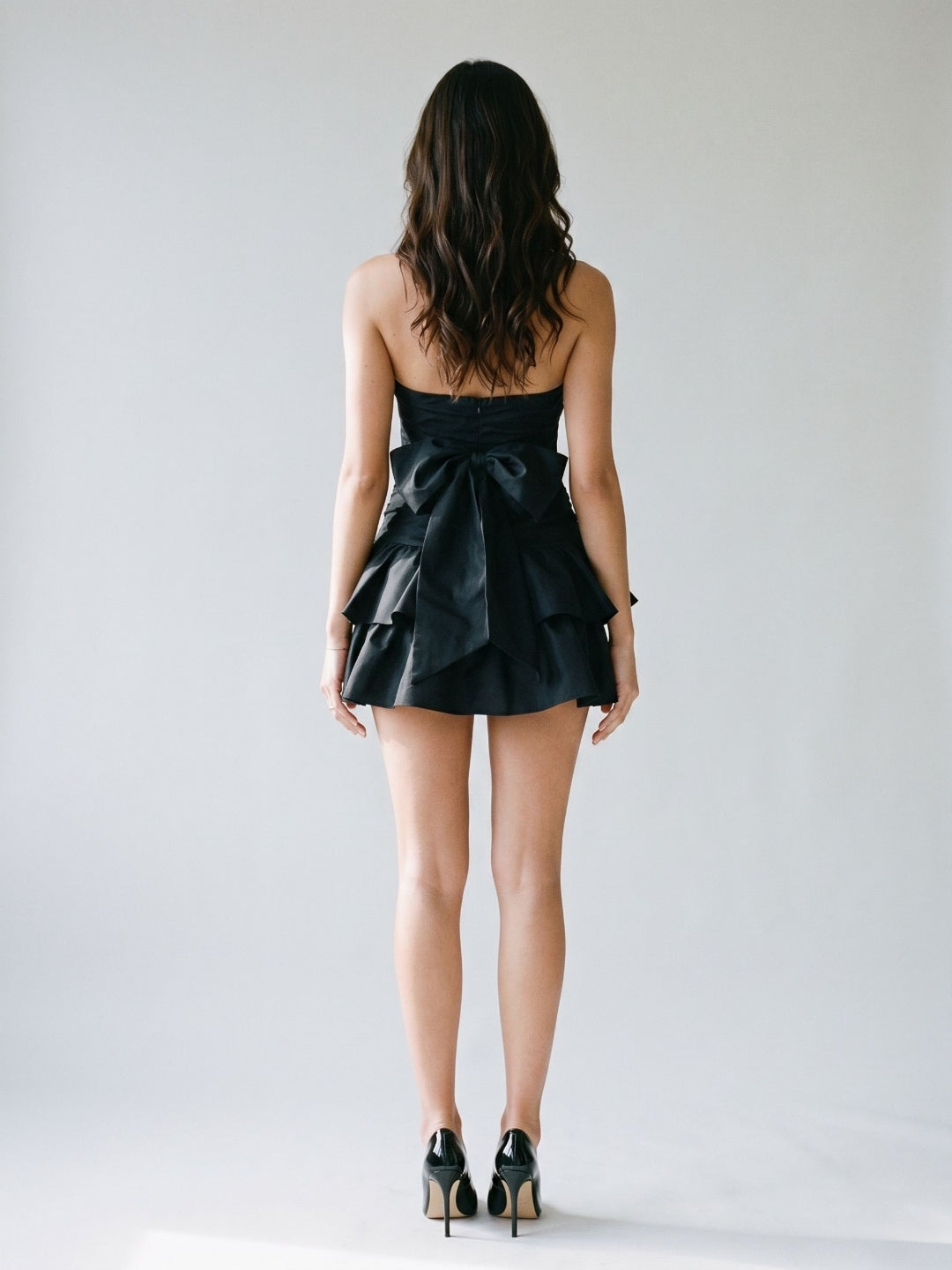 Black Matte Satin A-Line Sweetheart Back Zip Short Dress with Bow - Curvevia