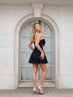 Black Matte Satin A-Line Sweetheart Criss-Cross Straps Short Homecoming Dress with Bow - Curvevia