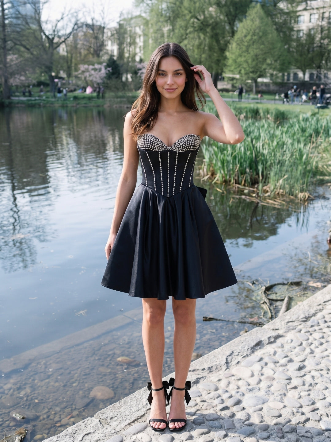 Black Matte Satin A-Line Sweetheart Short Homecoming Dress with Beading - Curvevia