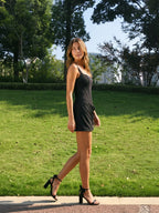 Black Matte Satin Sheath Square Neck Criss-Cross Straps Mini Homecoming Dress with Pleats - Curvevia