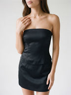 Black Matte Satin Sheath Straight Neck Backless Short Dress with Pleating - Curvevia