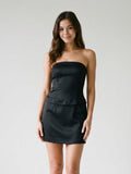 Black Matte Satin Sheath Straight Neck Backless Short Dress with Pleating - Curvevia