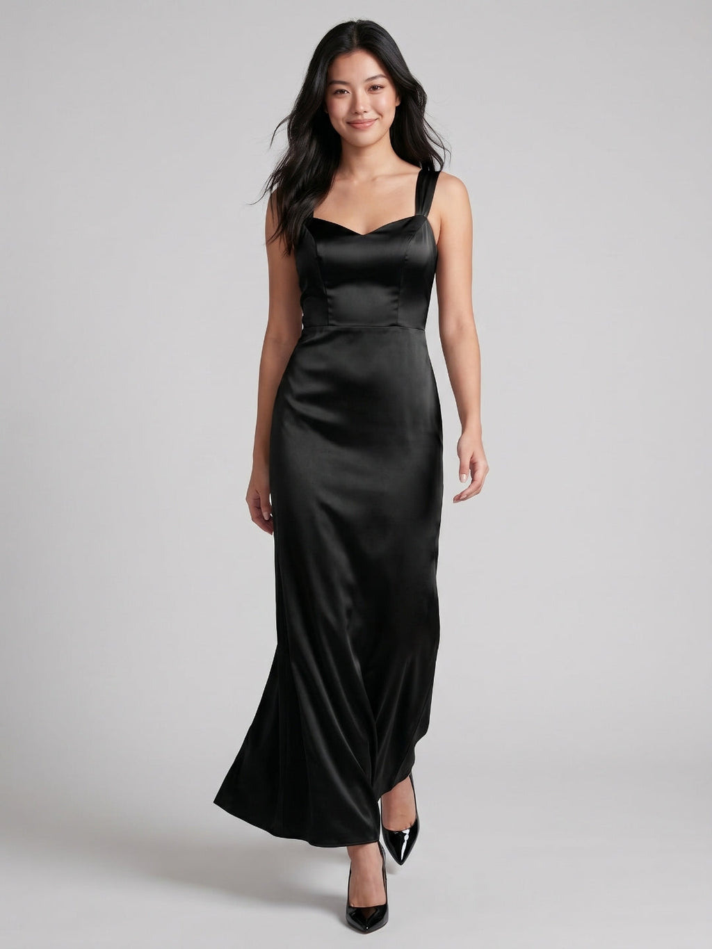 Black Matte Satin Sheath Sweetheart Back Zip Floor-Length Bridesmaid Dress - Curvevia