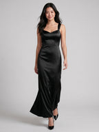 Black Matte Satin Sheath Sweetheart Back Zip Floor-Length Bridesmaid Dress - Curvevia
