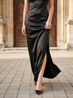 Black Matte Satin Sheath Sweetheart Back Zip Floor-Length Bridesmaid Dress - Curvevia