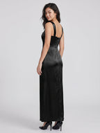 Black Matte Satin Sheath Sweetheart Back Zip Floor-Length Bridesmaid Dress - Curvevia