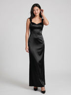 Black Matte Satin Sheath Sweetheart Back Zip Floor-Length Bridesmaid Dress - Curvevia