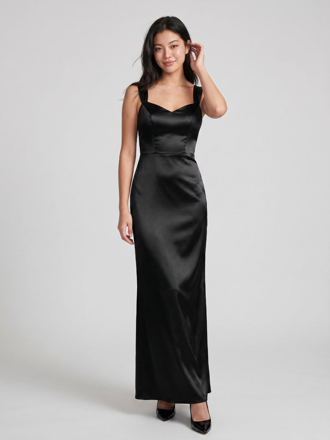 Black Matte Satin Sheath Sweetheart Back Zip Floor-Length Bridesmaid Dress - Curvevia