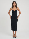 Black Matte Satin Sheath V-Neck Bow Back Tea-Length Formal Dress with Bow Detail - Curvevia