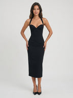 Black Matte Satin Sheath V-Neck Bow Back Tea-Length Formal Dress with Bow Detail - Curvevia