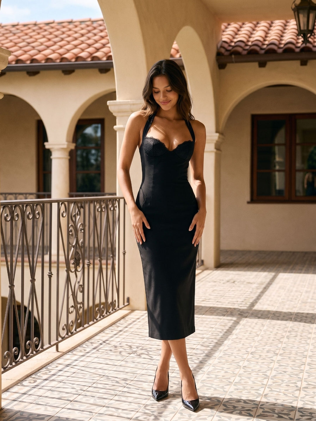 Black Matte Satin Sheath V-Neck Bow Back Tea-Length Formal Dress with Bow Detail - Curvevia
