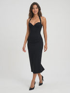 Black Matte Satin Sheath V-Neck Bow Back Tea-Length Formal Dress with Bow Detail - Curvevia