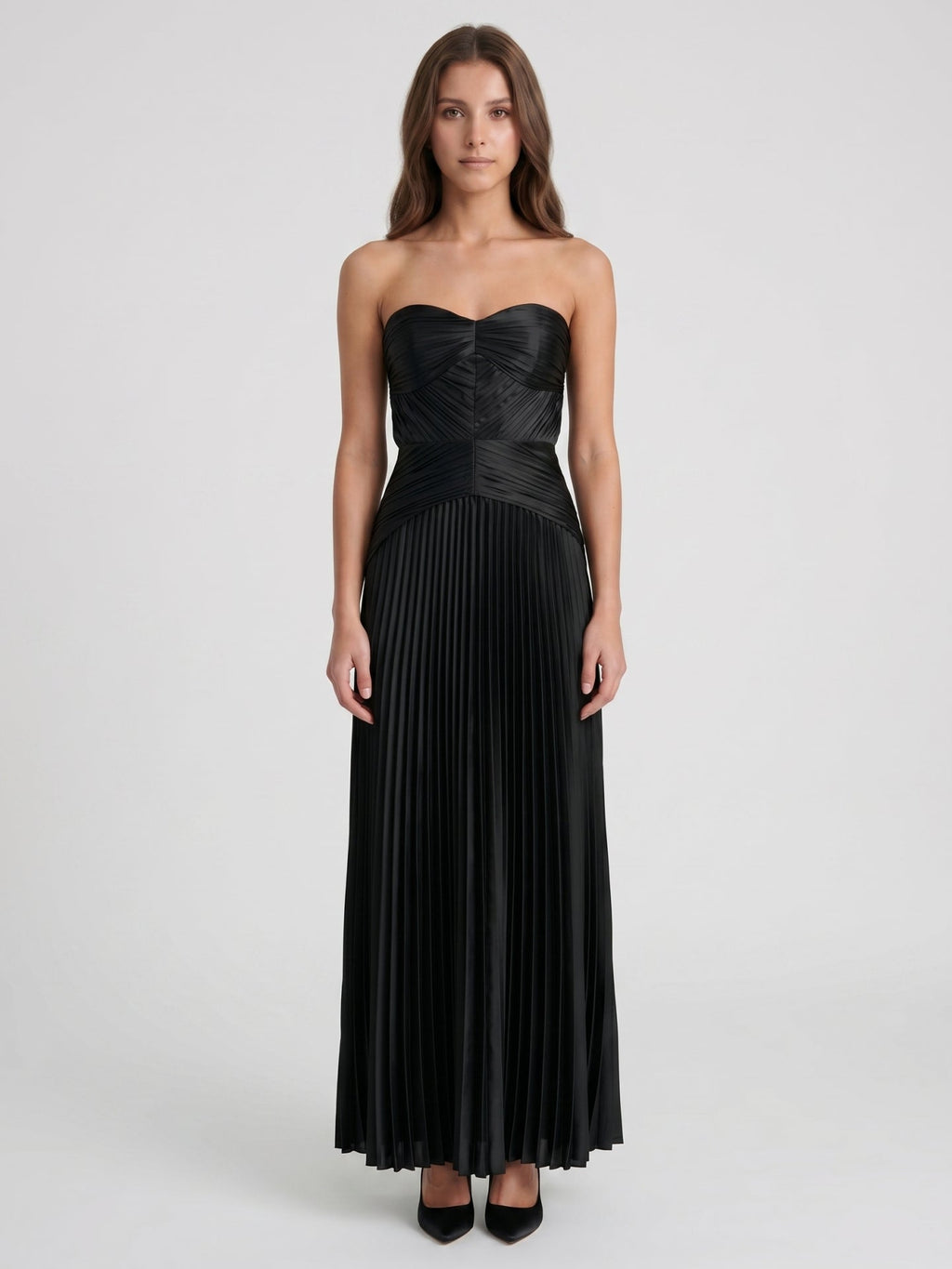 Black Satin A-Line Straight Neck Backless Floor-Length Pleated Bridesmaid Dress - Curvevia
