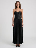 Black Satin A-Line Straight Neck Backless Floor-Length Pleated Bridesmaid Dress - Curvevia