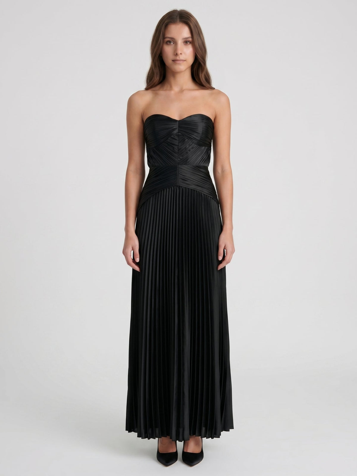 Black Satin A-Line Straight Neck Backless Floor-Length Pleated Bridesmaid Dress - Curvevia