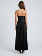 Black Satin A-Line Straight Neck Backless Floor-Length Pleated Bridesmaid Dress - Curvevia