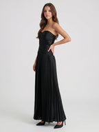 Black Satin A-Line Straight Neck Backless Floor-Length Pleated Bridesmaid Dress - Curvevia