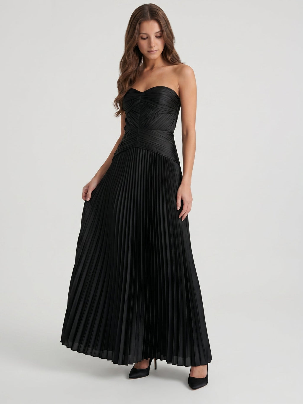 Black Satin A-Line Straight Neck Backless Floor-Length Pleated Bridesmaid Dress - Curvevia