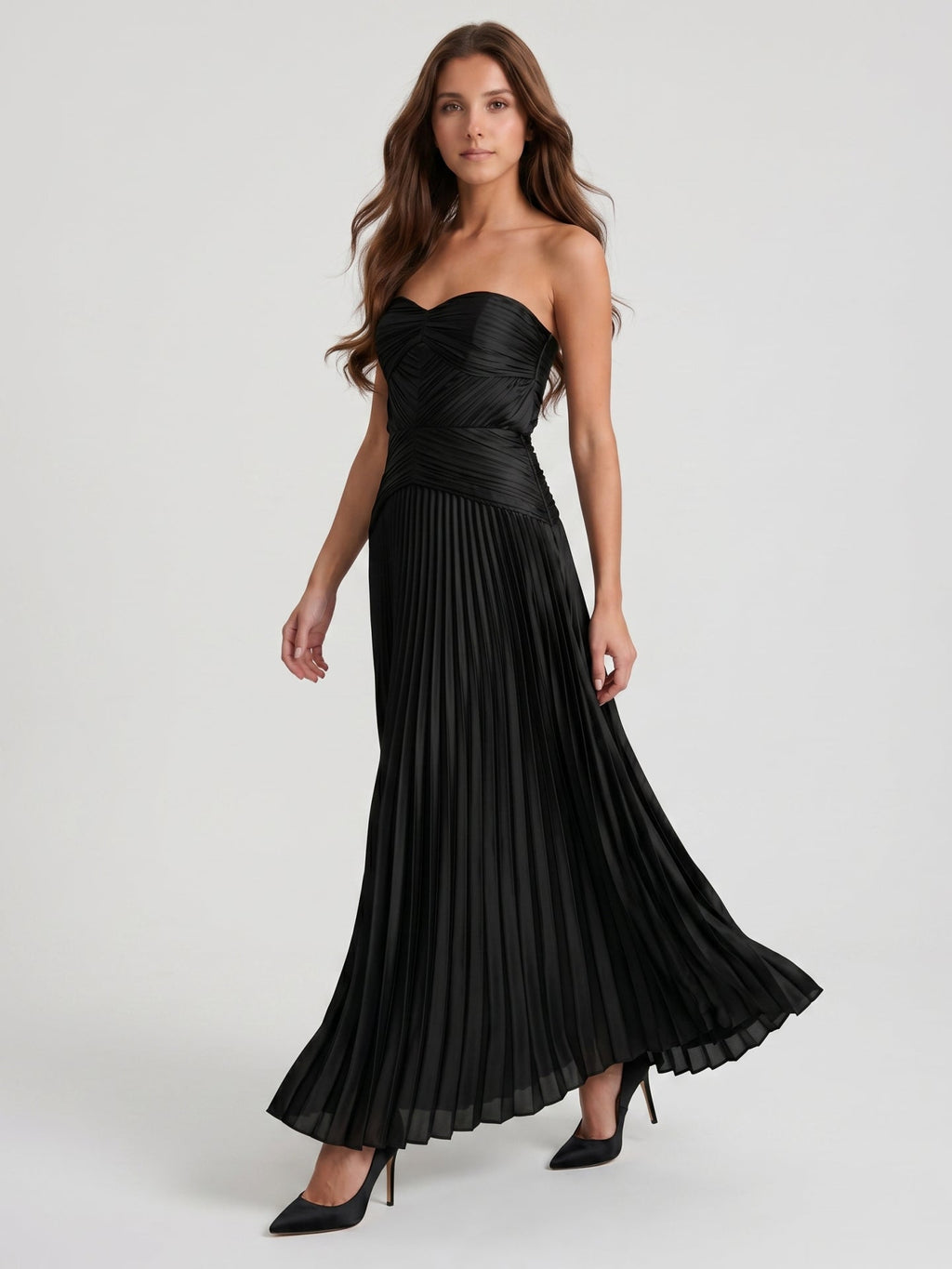 Black Satin A-Line Straight Neck Backless Floor-Length Pleated Bridesmaid Dress - Curvevia