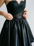 Black Satin A-Line One Shoulder Back Zip Short Homecoming Dress with Pleating - Curvevia