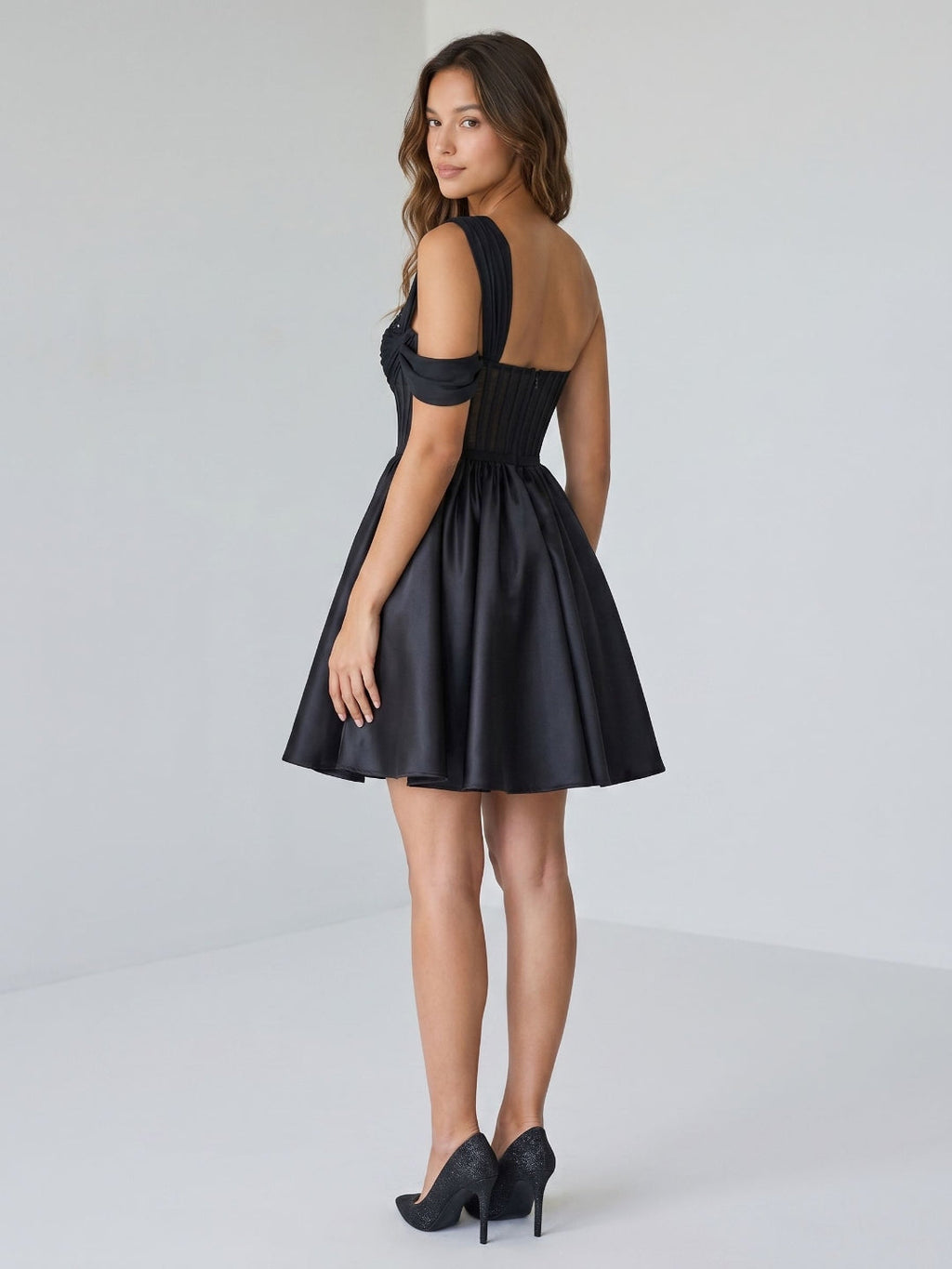 Black Satin A-Line One Shoulder Back Zip Short Homecoming Dress with Pleating - Curvevia
