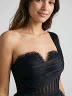 Black Satin A-Line One Shoulder Back Zip Short Homecoming Dress with Pleating - Curvevia
