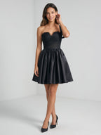 Black Satin A-Line One Shoulder Back Zip Short Homecoming Dress with Pleating - Curvevia