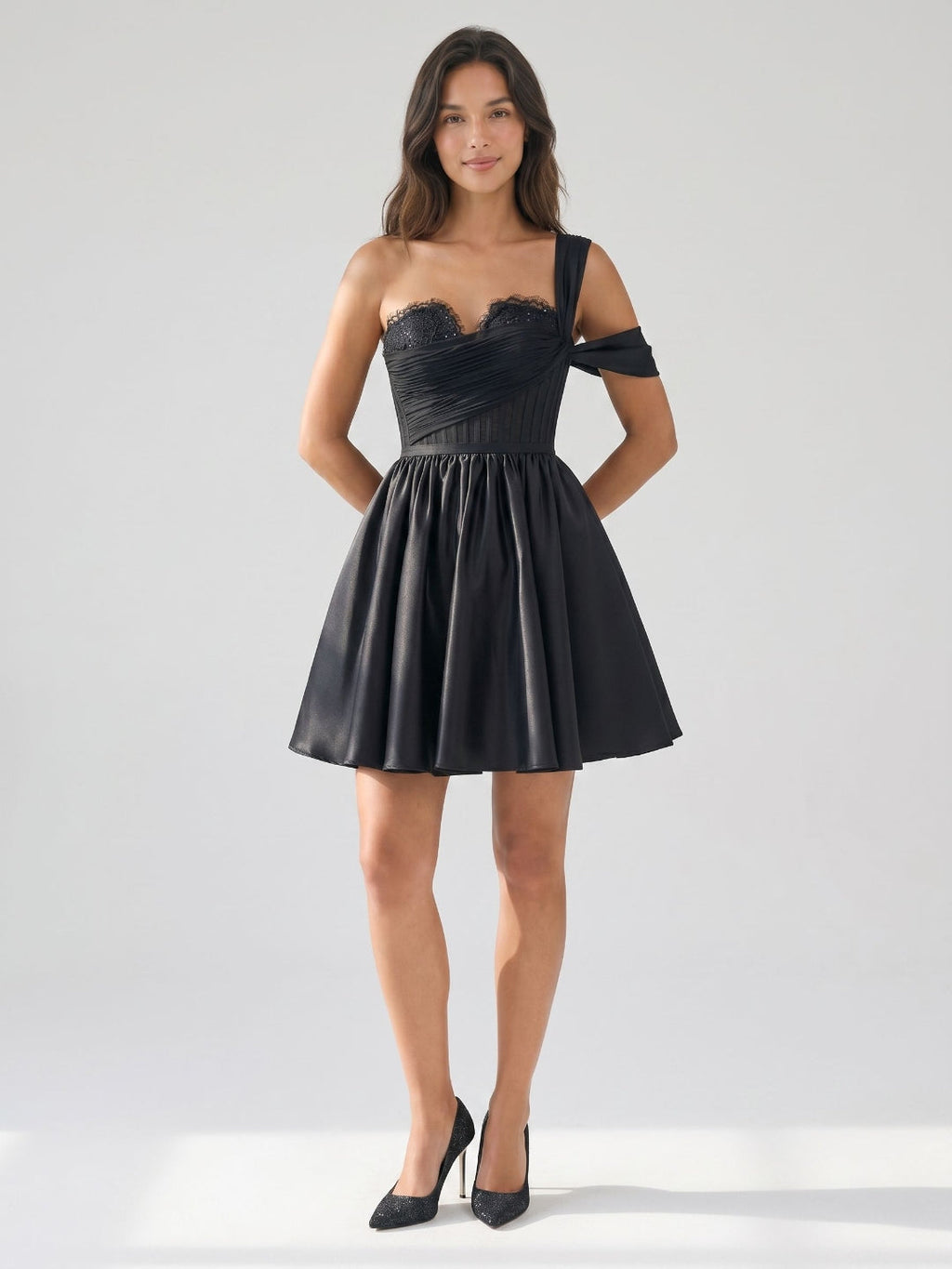 Black Satin A-Line One Shoulder Back Zip Short Homecoming Dress with Pleating - Curvevia