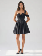 Black Satin A-Line One Shoulder Back Zip Short Homecoming Dress with Pleating - Curvevia